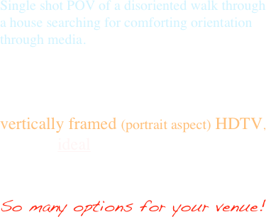 Single shot POV of a disoriented walk through a house searching for comforting orientation through media.
One shot POV of real reality versus media reality.  
Which is realer? 

Available in regular NTSC video format and in 
vertically framed (portrait aspect) HDTV, which is the ideal way to view this work!

And also available in “short-attention-span” 3:00 
or “director’s cut” 5:00 versions! 
So many options for your venue!